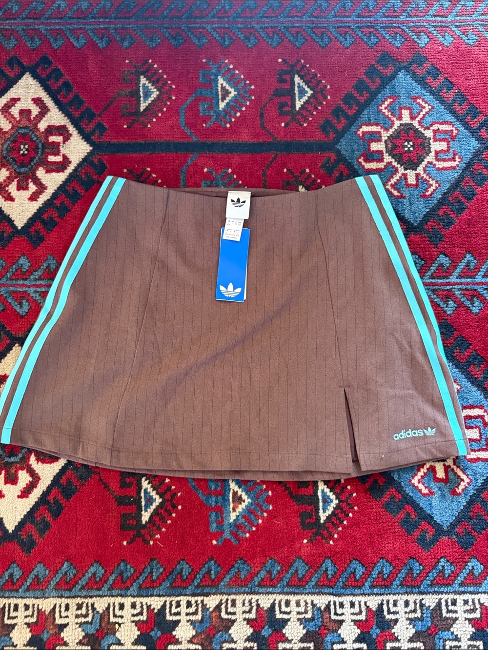 Adidas Brown Tailored Mini Skirt with Teal Stripes NWT Large